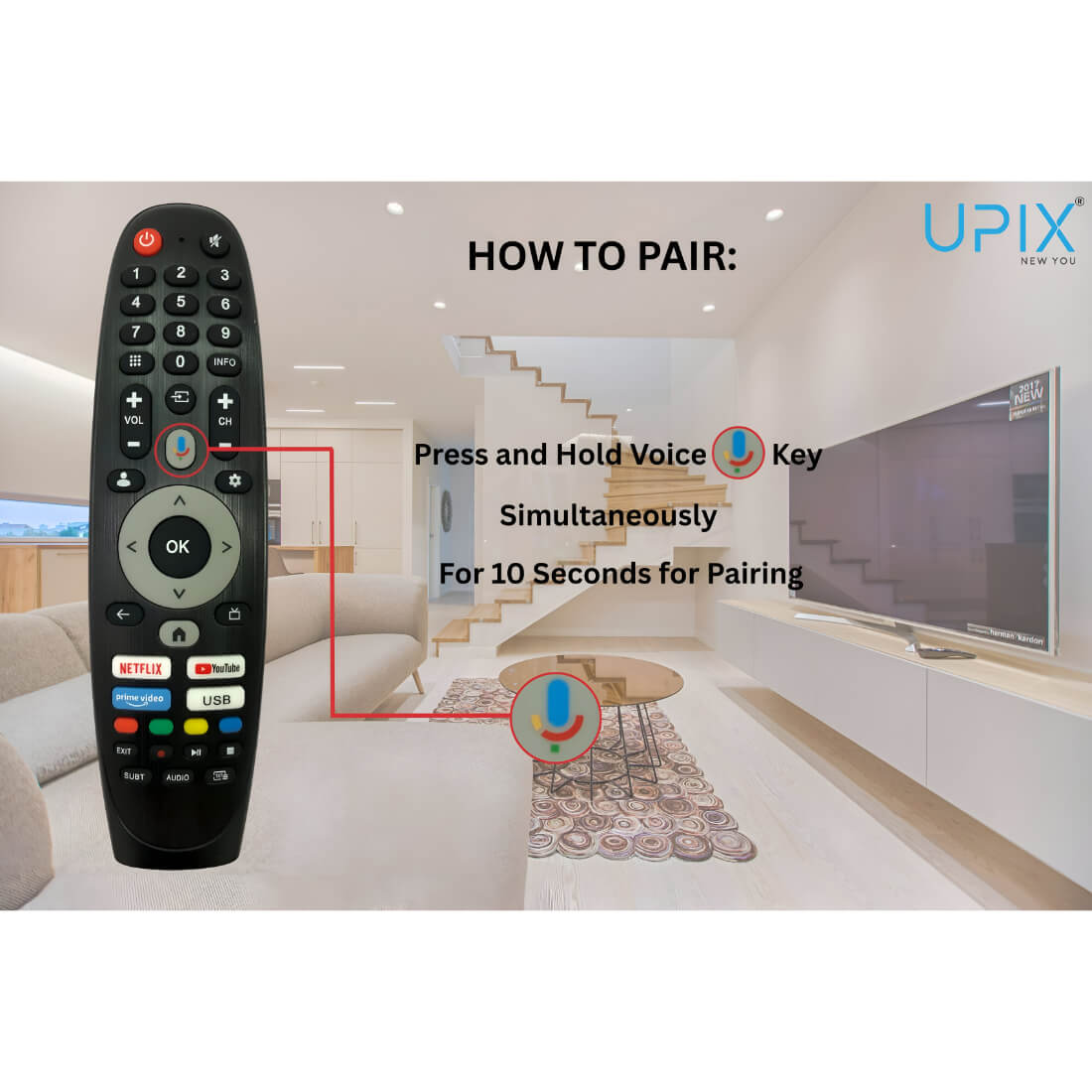 Upix Compatible for Sansui Smart TV Remote No. 1341 | with Voice | Pairing is Required