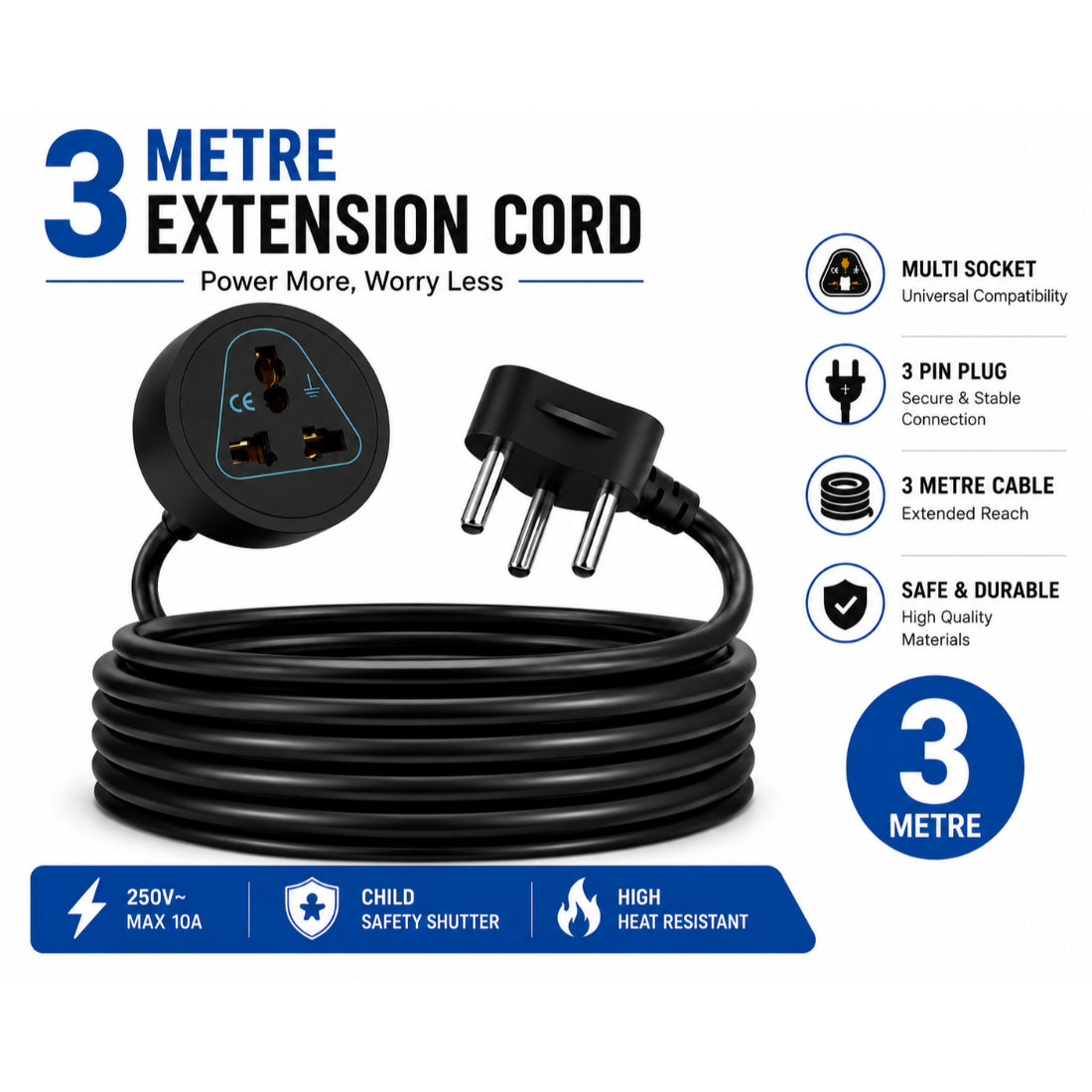 Upix Heavy Duty Extension Cord, 2500W 10A Single Socket Extension Cord - 2.7 Metres