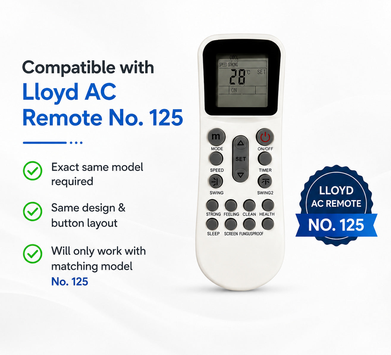 Upix Compatible Lloyd AC Remote No. 125 (No Backlight)