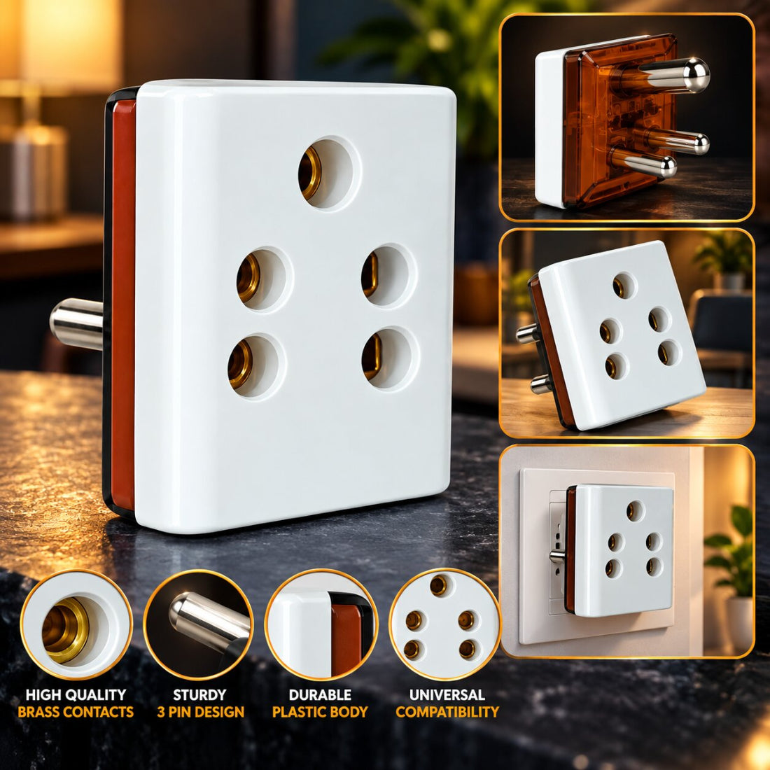 Upix 3 Pin Multi Plug Socket, (Type-D) Multiple Plug Socket, 2 in 1 Plug Extension Socket