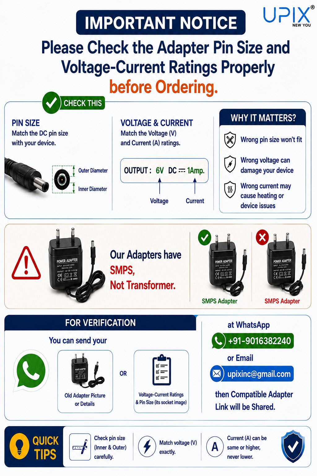 Upix 10V 1A DC Supply Power Adapter (with DC and Sony Pin)
