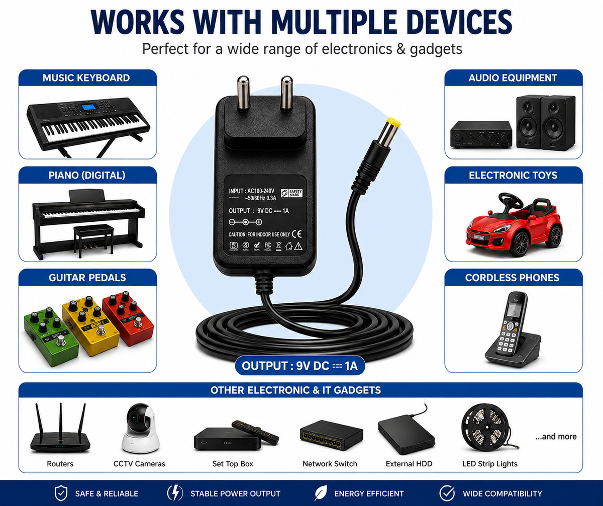 Upix 9V 1A DC Supply Power Adapter (with DC Pin)