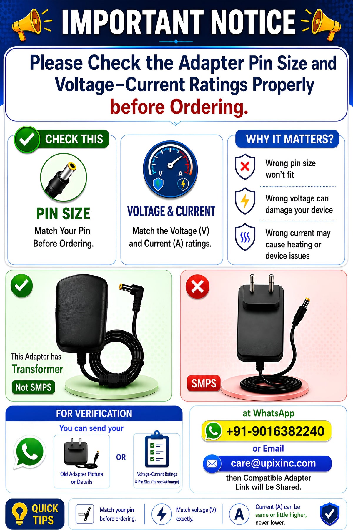Upix 6.5V 500mA DC Power Adapter (With DC Pin)