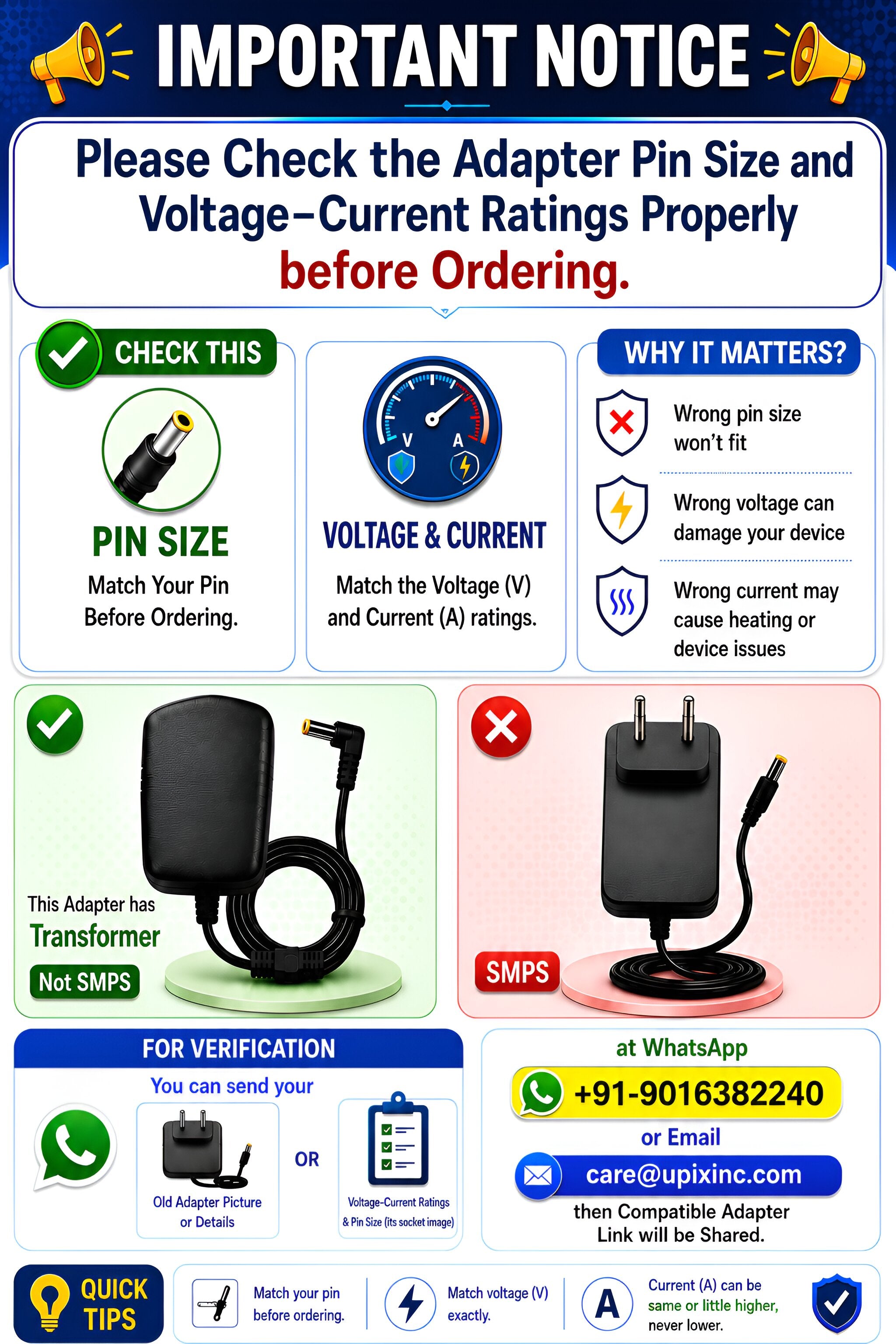 Upix 6V 500mA DC Supply Power Adapter (with DC Pin)