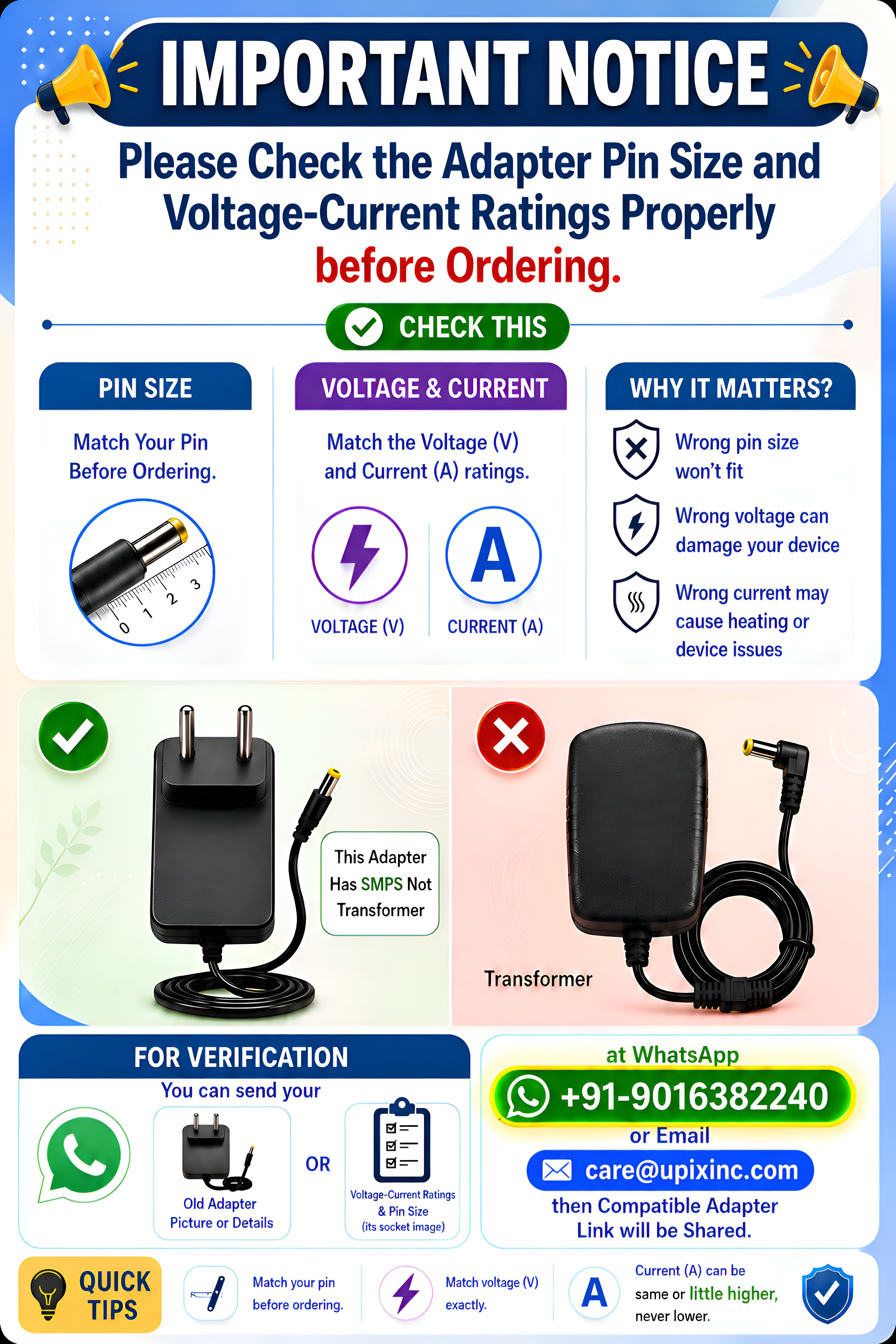Upix 15V 360mA DC Power Adapter (with Trimmer Pin)
