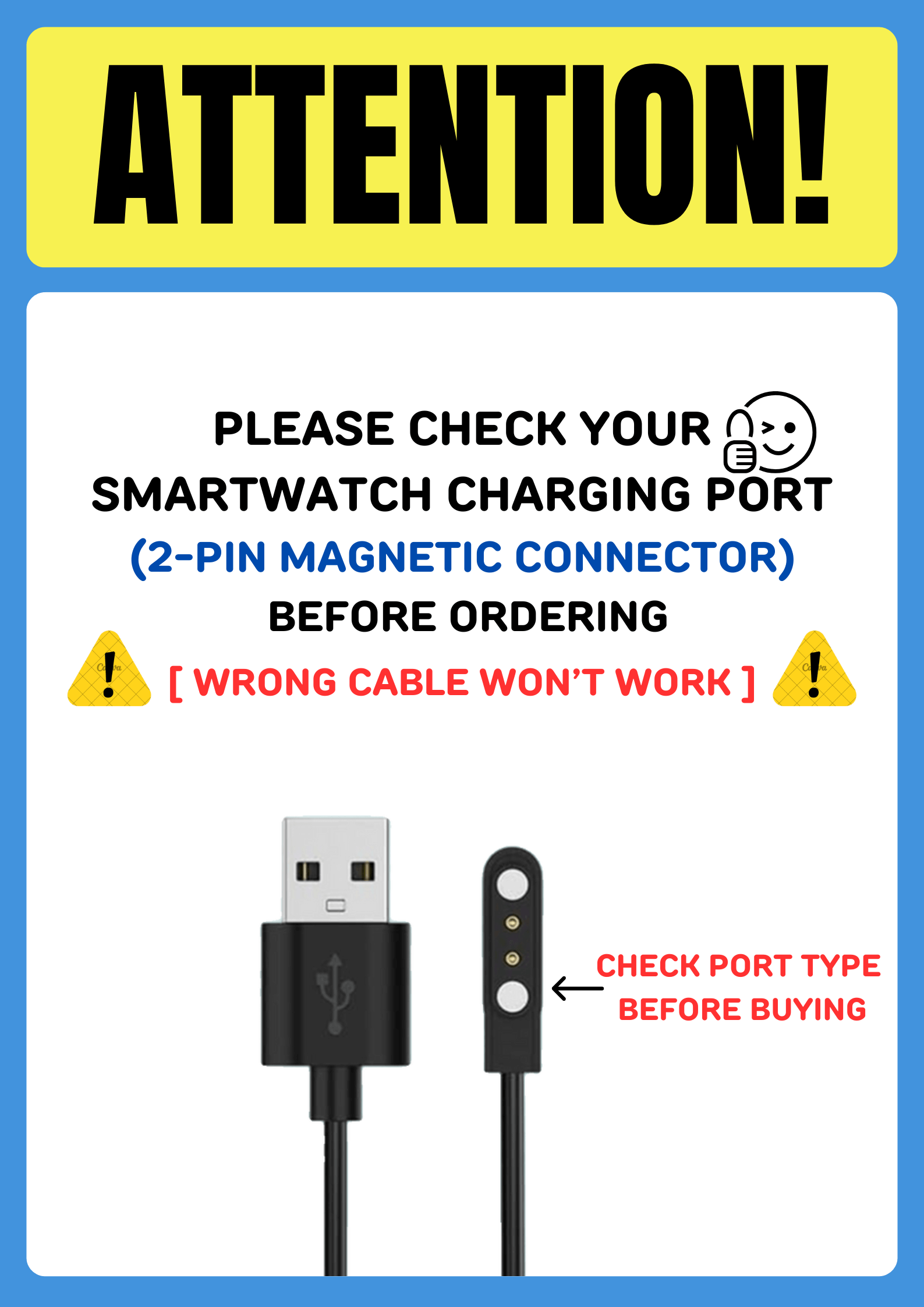 Upix Smartwatch USB All Type Charging Cable (Please match Cable Port before Ordering) (Works with 5V USB Adapter)
