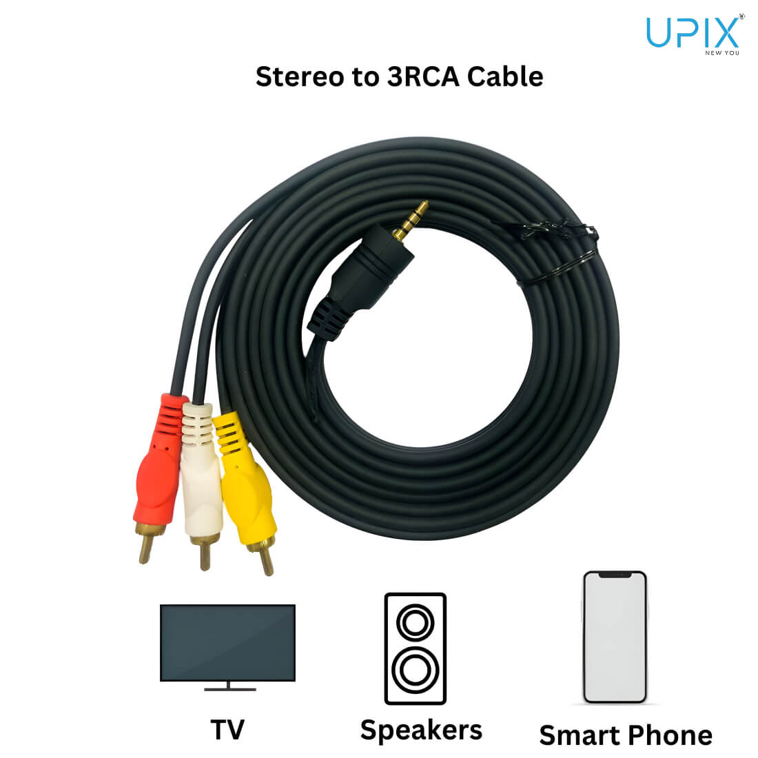 Upix 3.5 mm Male to 3RCA Male Plug Stereo Audio Video AUX Cable ? 2.3 Metres (Black)
