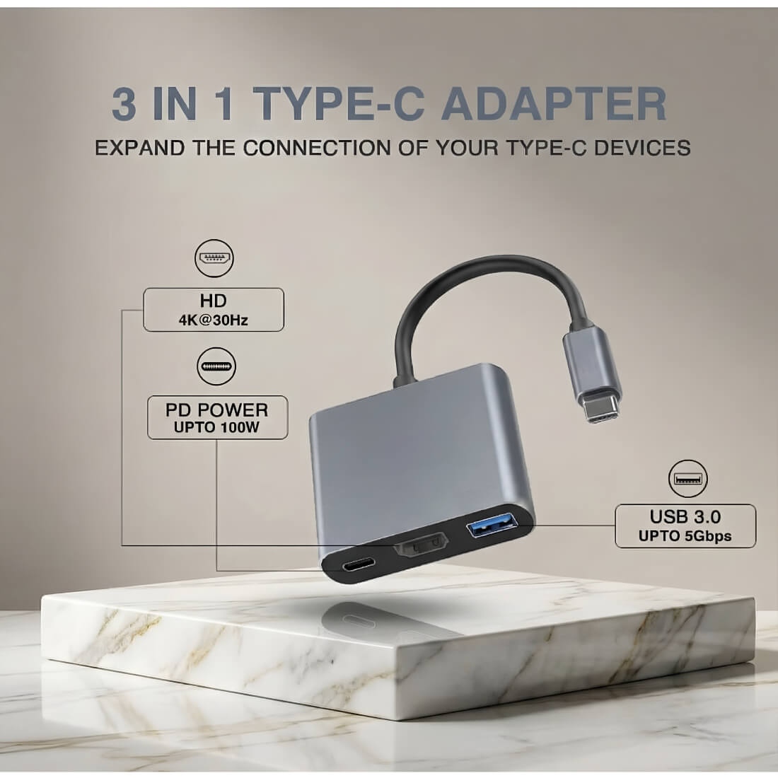 Upix USB-C to HDMI 3-in-1 Adapter | 4K@30Hz | 100W PD | Compatible with MacBook, iPad Pro, Laptop & Type-C Devices