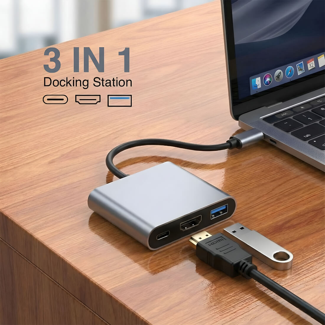 Upix USB-C to HDMI 3-in-1 Adapter | 4K@30Hz | 100W PD | Compatible with MacBook, iPad Pro, Laptop & Type-C Devices