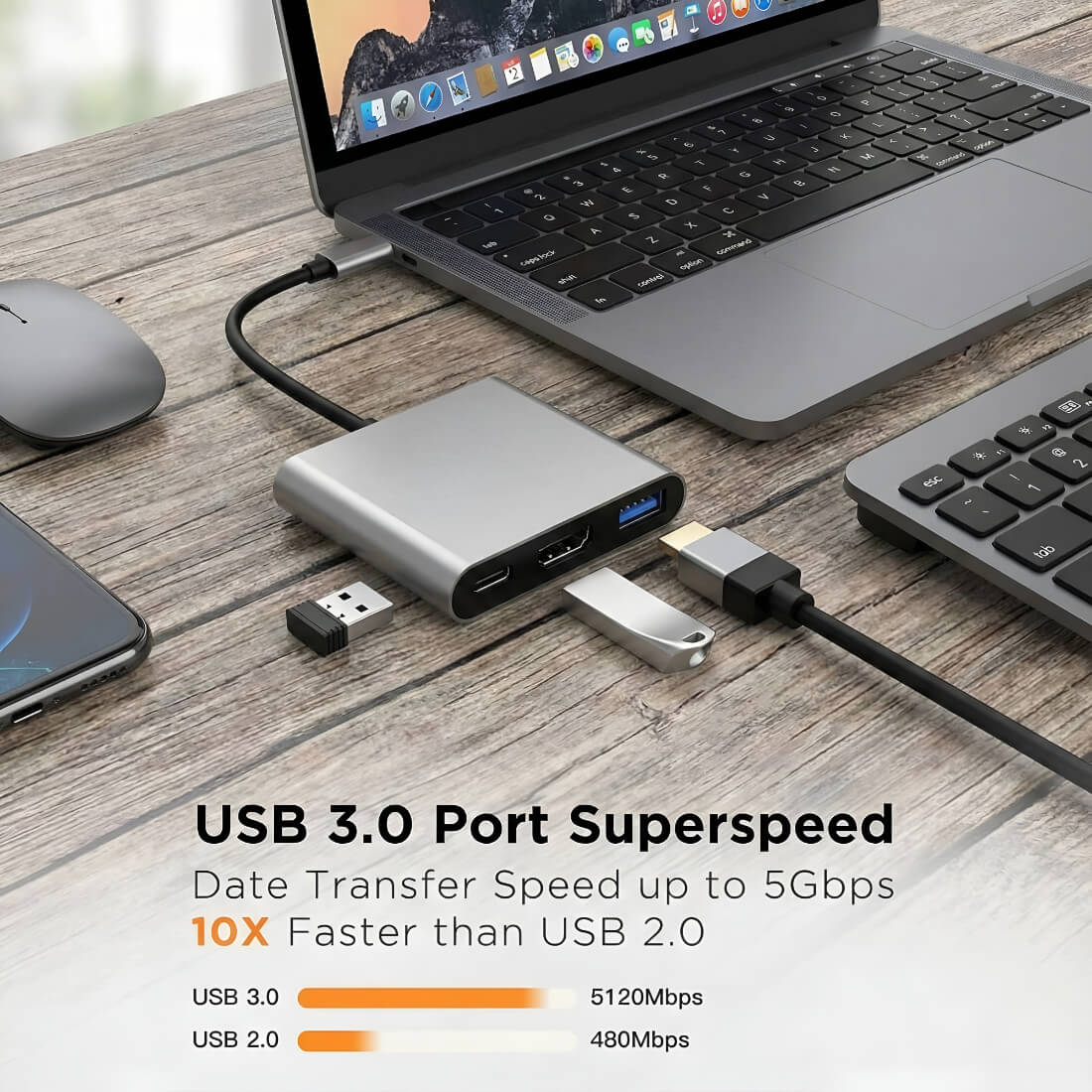 Upix USB-C to HDMI 3-in-1 Adapter | 4K@30Hz | 100W PD | Compatible with MacBook, iPad Pro, Laptop & Type-C Devices