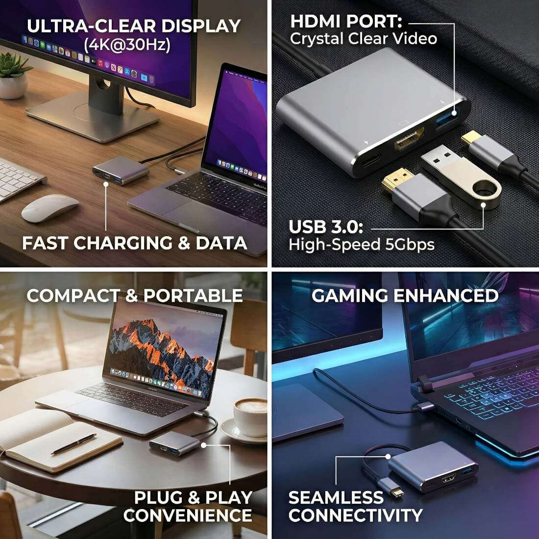 Upix USB-C to HDMI 3-in-1 Adapter | 4K@30Hz | 100W PD | Compatible with MacBook, iPad Pro, Laptop & Type-C Devices