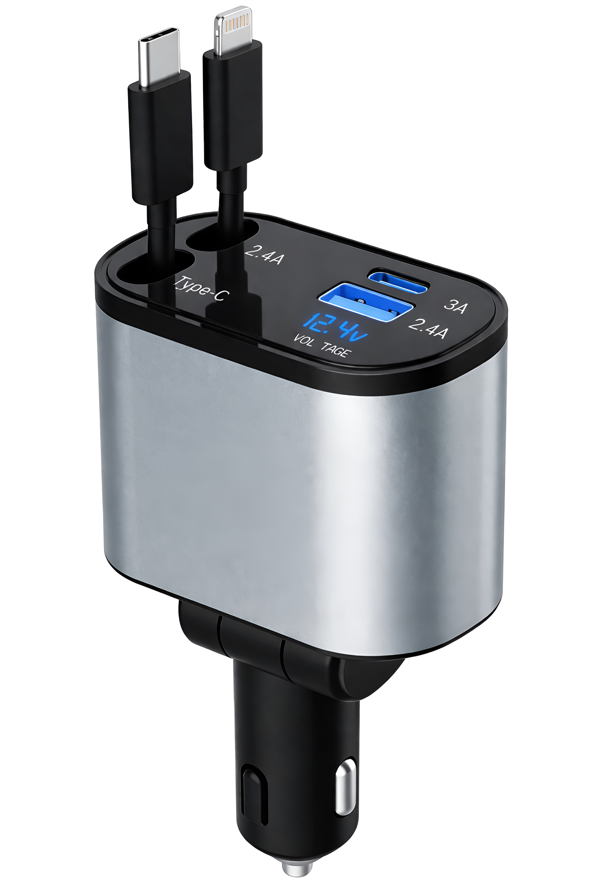 Upix 4-in-1 Retractable Car Charger 120W Super Fast Charging, Dual Ports Car Adapter with Type-C and Lightning Cable