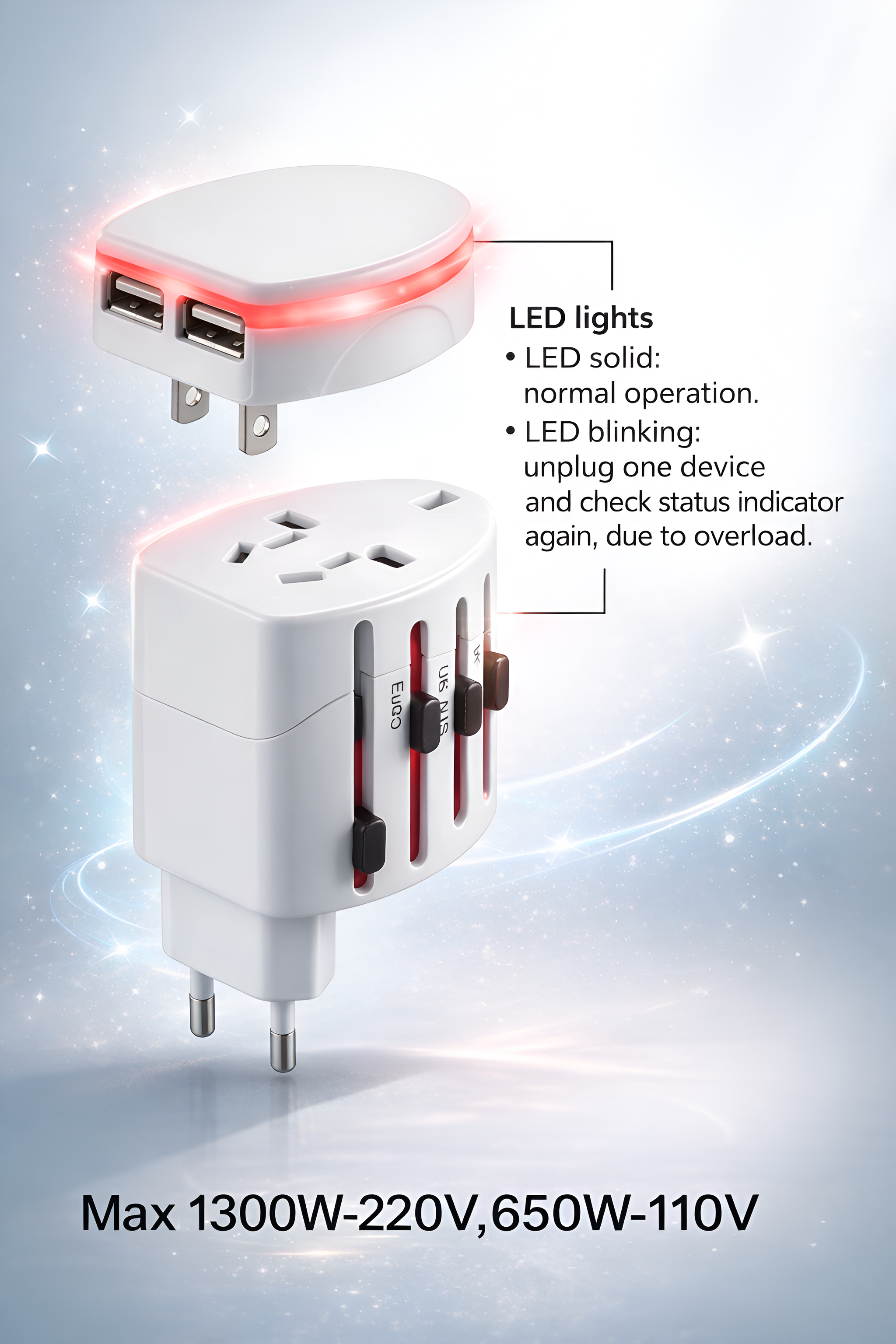 Upix Universal Travel Adapter 1300W Worldwide All-in-One Power Converter with Dual USB Ports