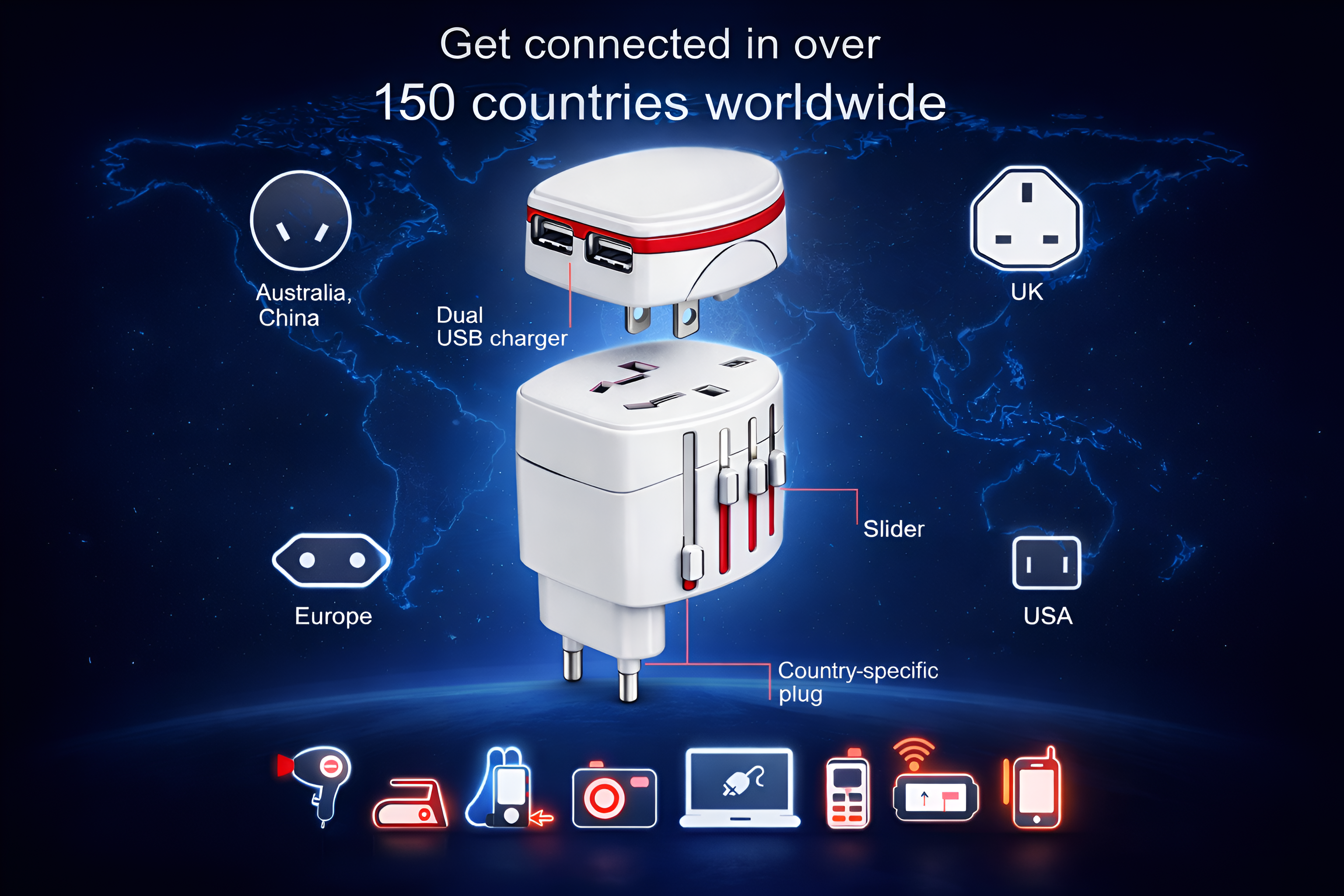 Upix Universal Travel Adapter 1300W Worldwide All-in-One Power Converter with Dual USB Ports