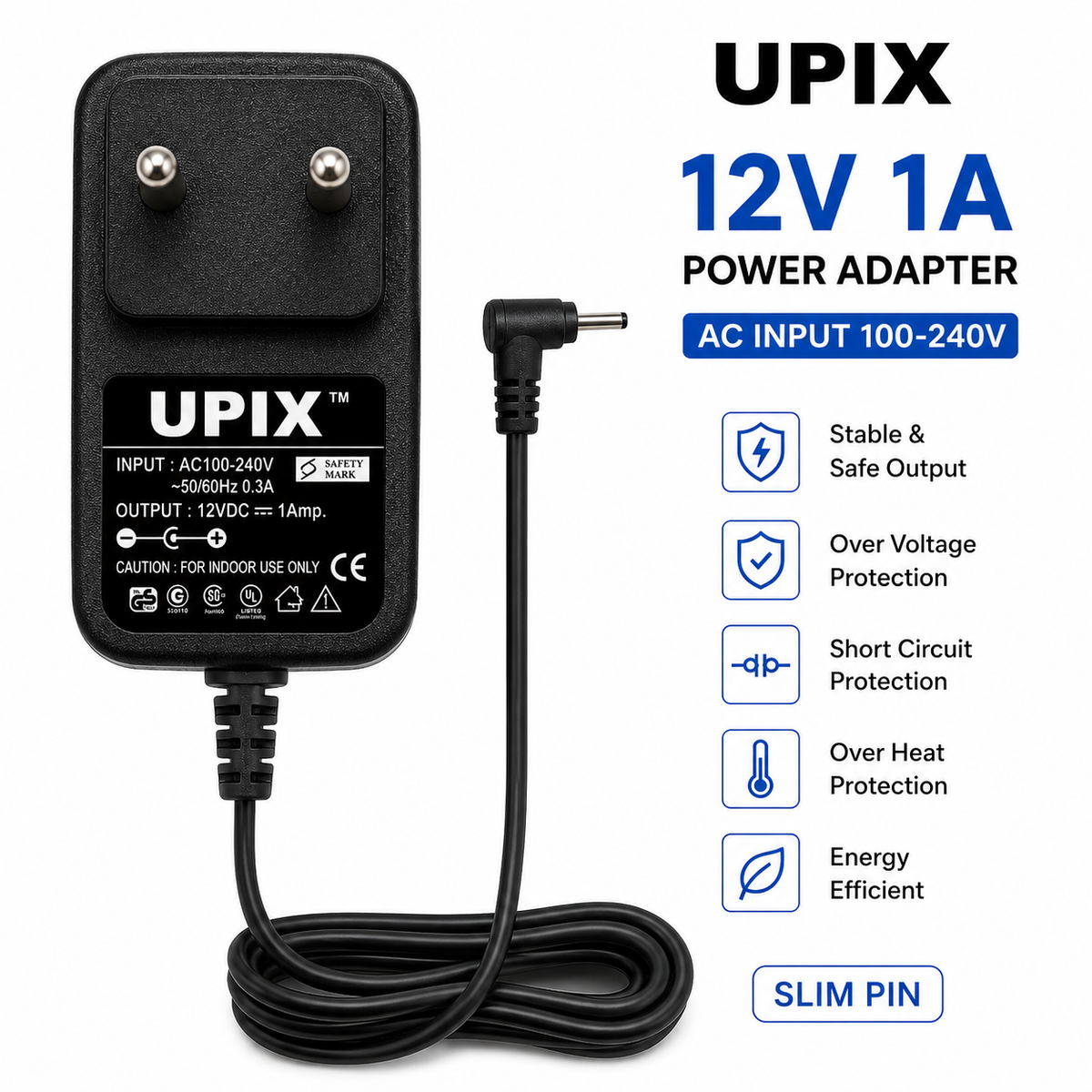 Upix 12V 1A DC Supply Power Adapter (with Slim Pin)