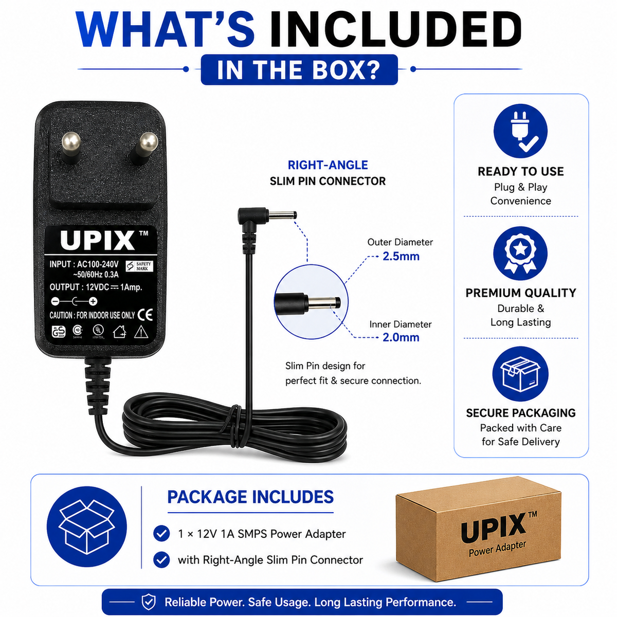 Upix 12V 1A DC Supply Power Adapter (with Slim Pin)