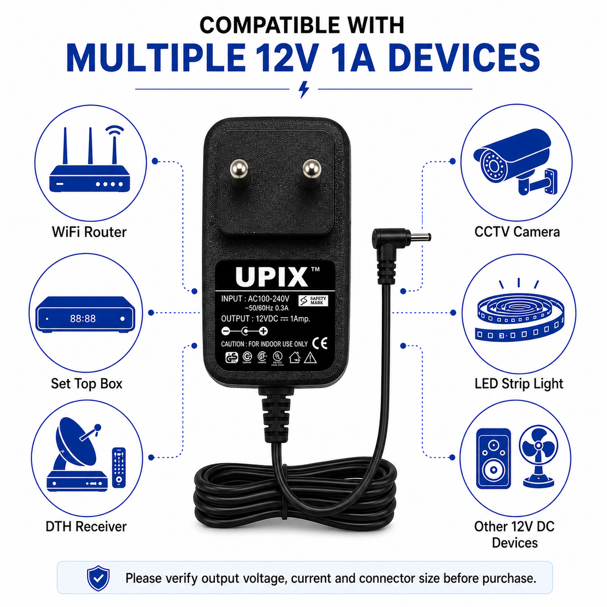 Upix 12V 1A DC Supply Power Adapter (with Slim Pin)