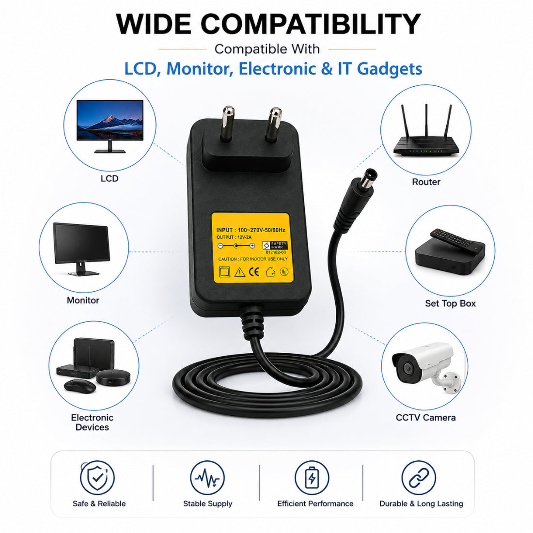 Upix 12V 2A DC Supply Power Adapter (with Centre Pin)