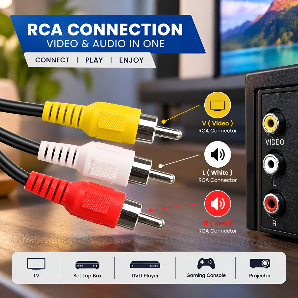 Upix 3RCA Male to 3RCA Male Audio Video Cable 4.5 Meters - Compatible TV, LCD, LED, DTH