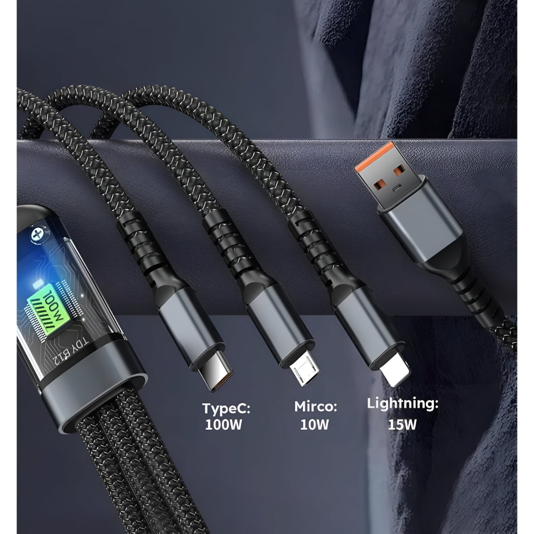 Upix 3 in 1 Charging Cable 120W/6A Fast Charging USB 3.0 Cable