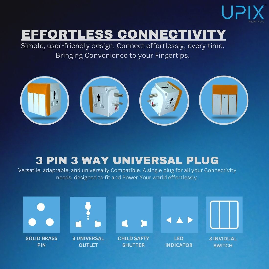 Upix 3 Pin Multi Plug Socket – (Type D) Universal Travel Adapter