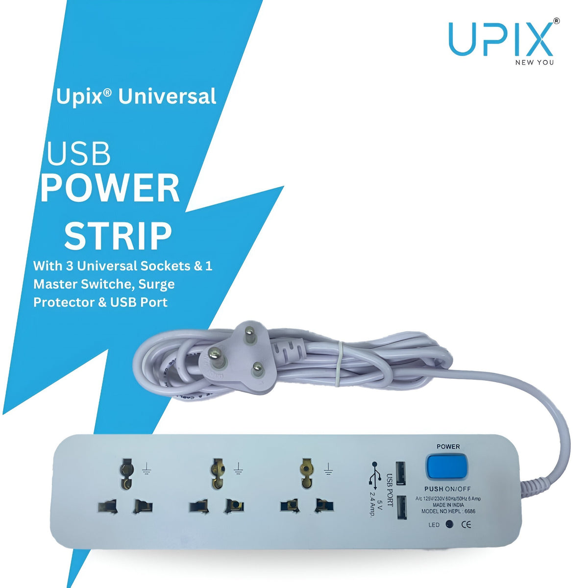 Upix Universal Power Strip with 2 USB Ports 2.5 Metres (8.2 Feet)