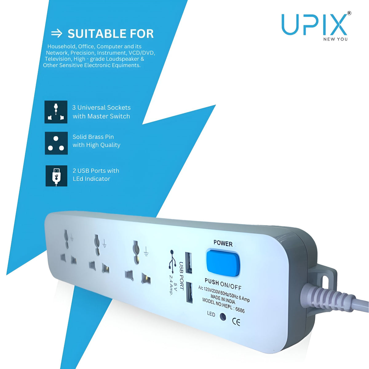 Upix Universal Power Strip with 2 USB Ports 2.5 Metres (8.2 Feet)