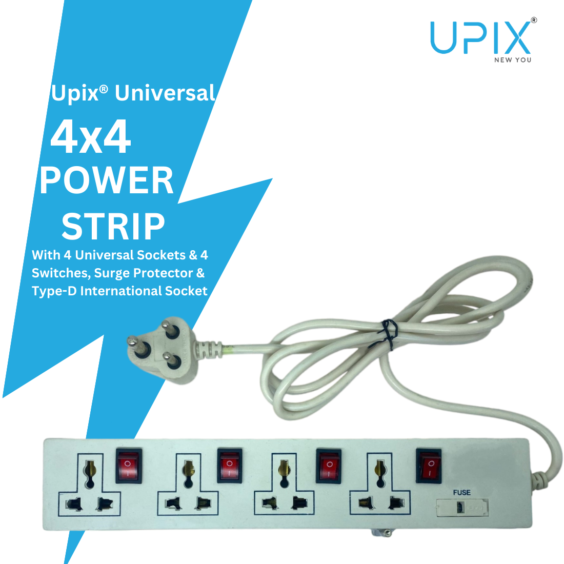 Upix Universal Power Strip 4x4 with 4 Sockets and 4 Switches 1.3 Meter (4.2 Feet)