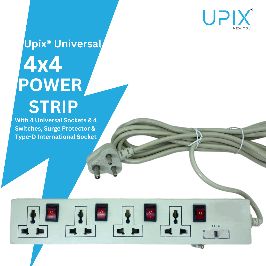 Upix Universal Power Strip 4x4 with 4 Sockets and 4 Switches 4.5 Meter (14.7 Feet)
