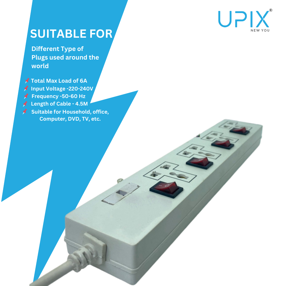Upix Universal Power Strip 4x4 with 4 Sockets and 4 Switches 4.5 Meter (14.7 Feet)