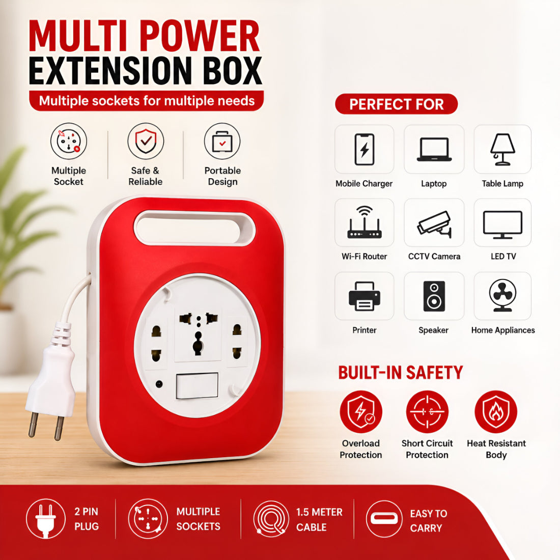 Upix Universal Flex Box 6A 220V with Universal Socket 4.3 Meter (14.5 Feet)