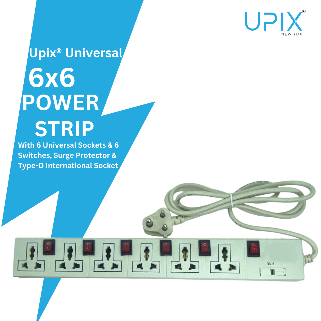 Upix Universal Power Strip 6x6 with 6 Sockets and 6 Switches 1.3 Meter (4.2 Feet)