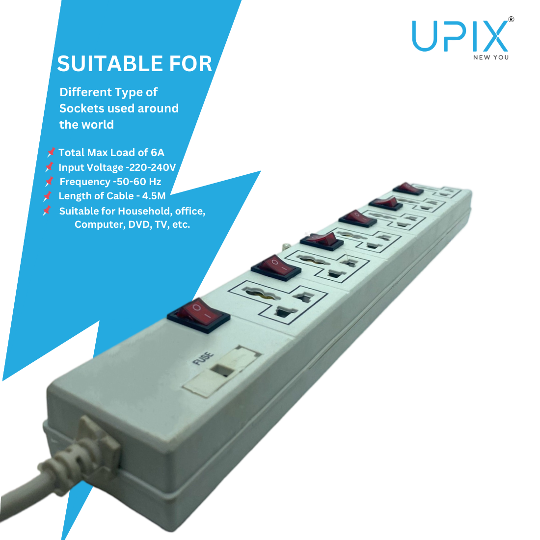 Upix Universal Power Strip 6x6 with 6 Sockets and 6 Switches 4.5 Meter (14.7 Feet)