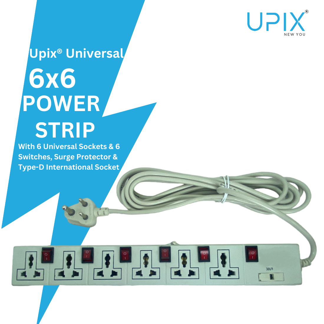 Upix Universal Power Strip 6x6 with 6 Sockets and 6 Switches 4.5 Meter (14.7 Feet)