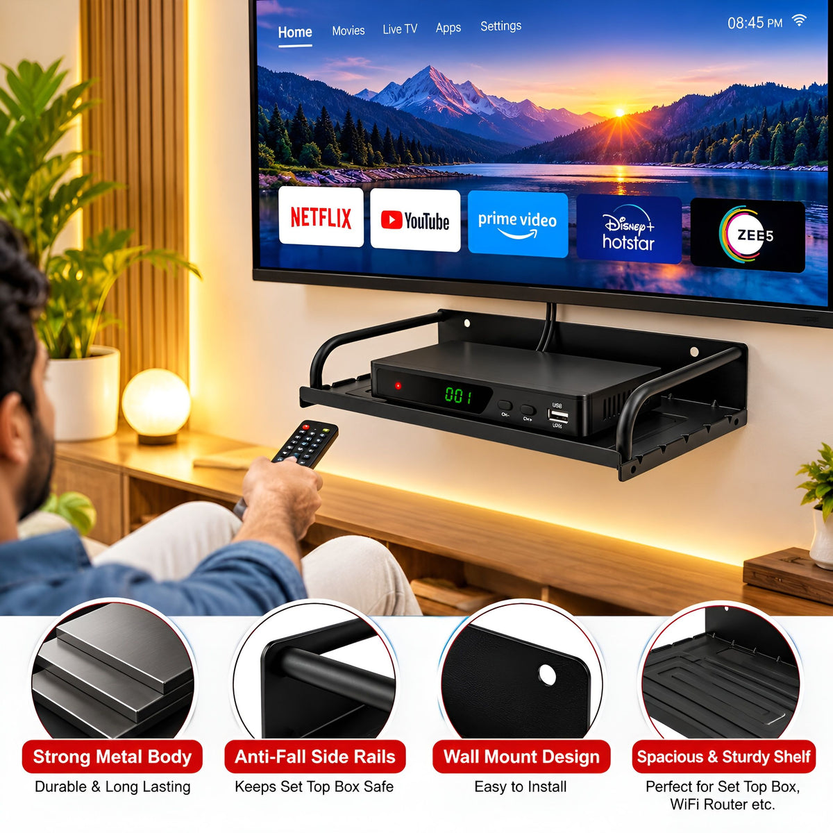 Upix DTH/Set Top Box Stand Carbon Metal Wall Shelf