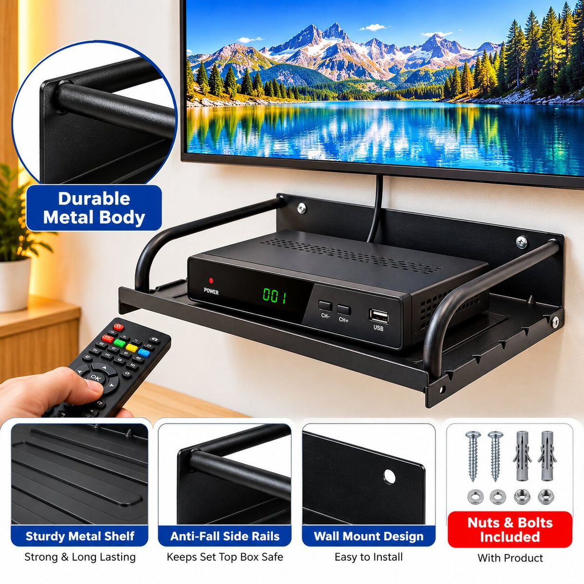 Upix DTH/Set Top Box Stand Carbon Metal Wall Shelf