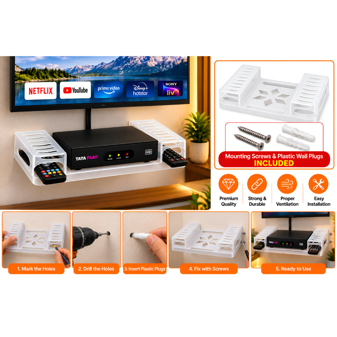 Upix DTH/Set Top Box Stand ABS Plastic Wall Shelf