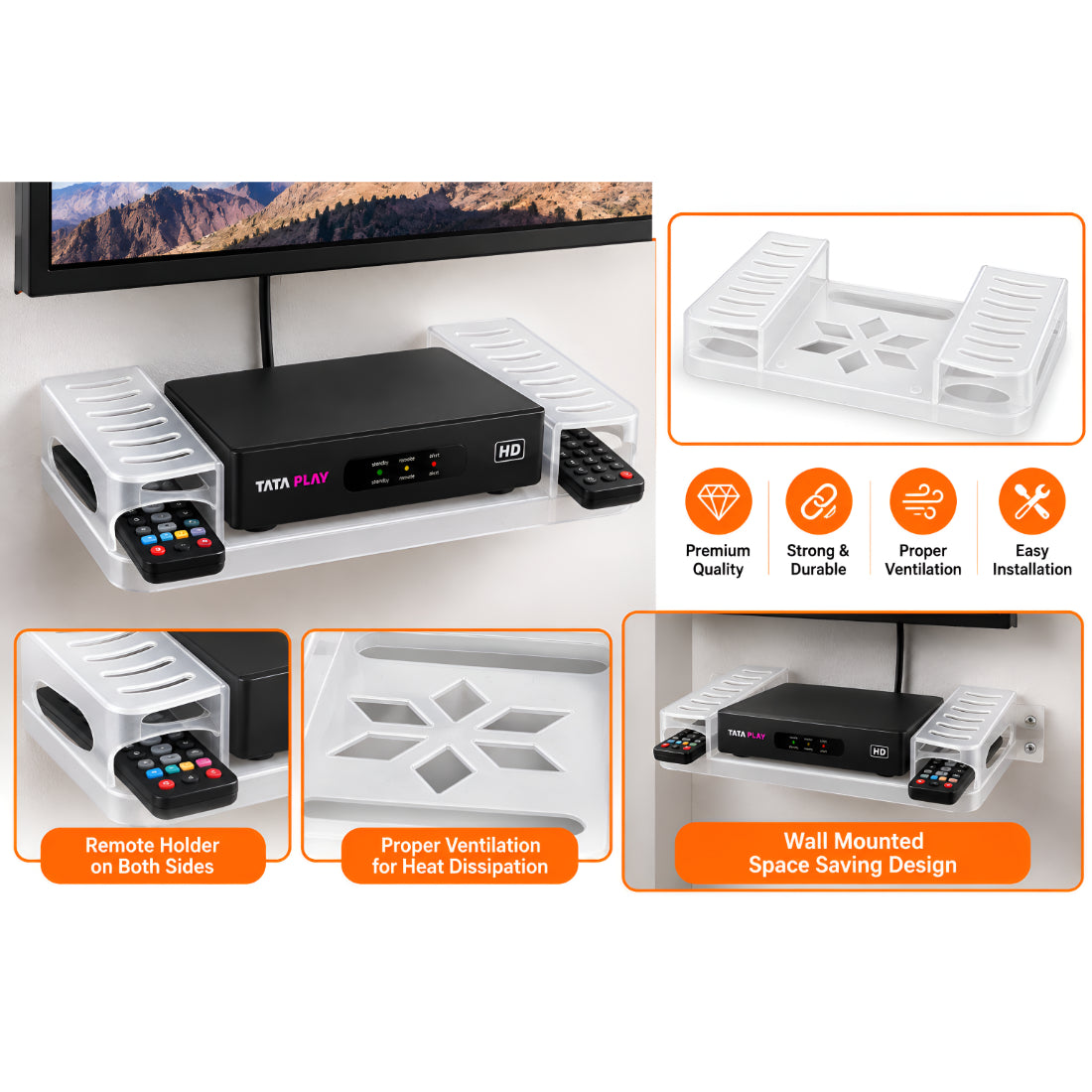 Upix DTH/Set Top Box Stand ABS Plastic Wall Shelf