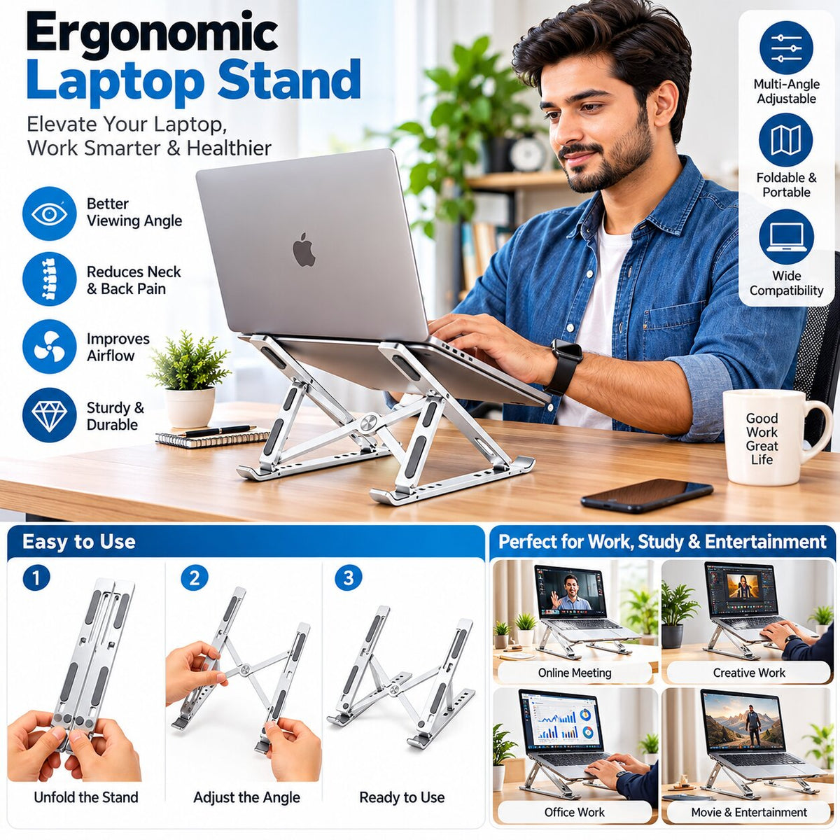Upix 7 Angle Aluminum Laptop Stand Portable with Adjustable Height and Fully Foldable Raiser