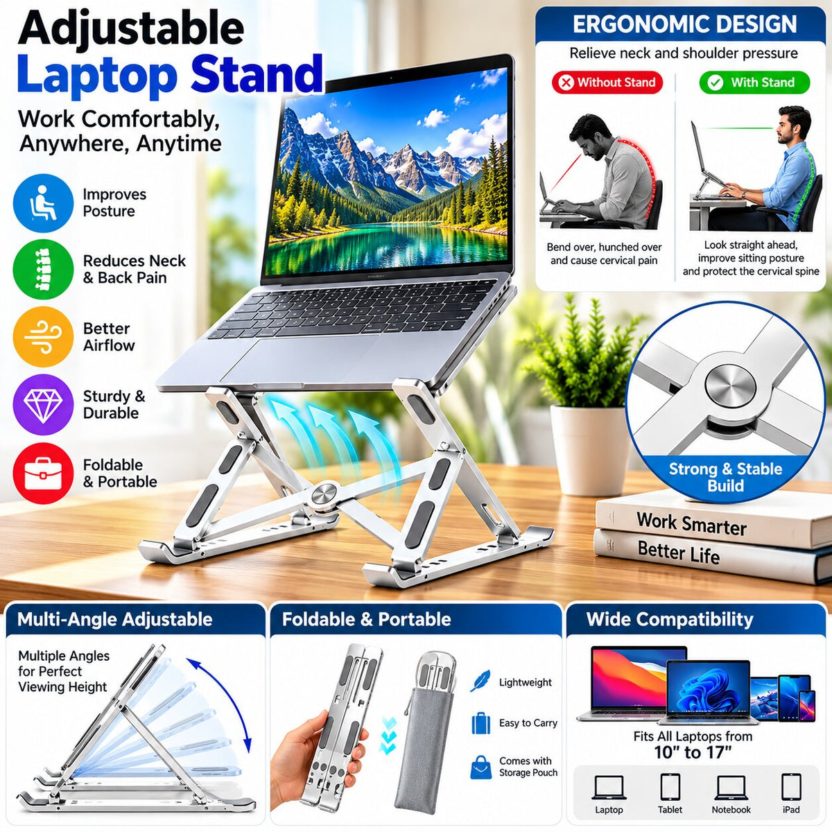 Upix 7 Angle Aluminum Laptop Stand Portable with Adjustable Height and Fully Foldable Raiser