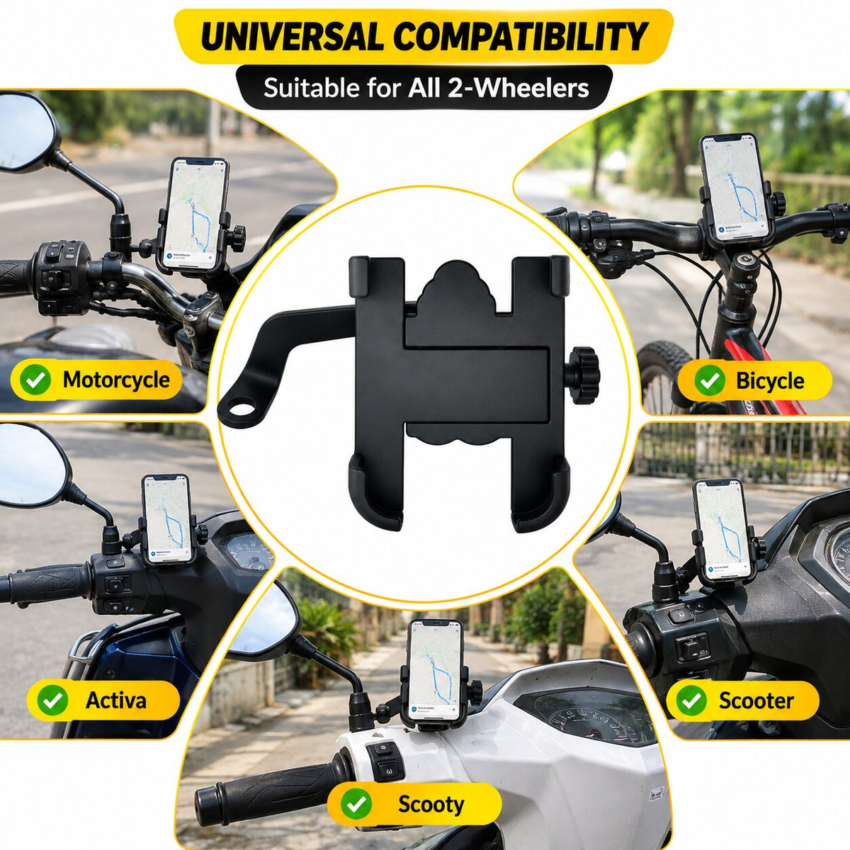 Upix Universal Bike Mount Phone Holder, Mobile Stand, Metal Body (Black)