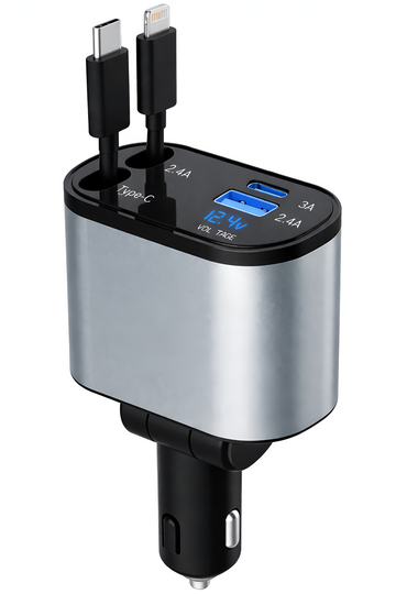 Upix 4-in-1 Retractable Car Charger 120W Super Fast Charging, Dual Ports Car Adapter with Type-C and Lightning Cable