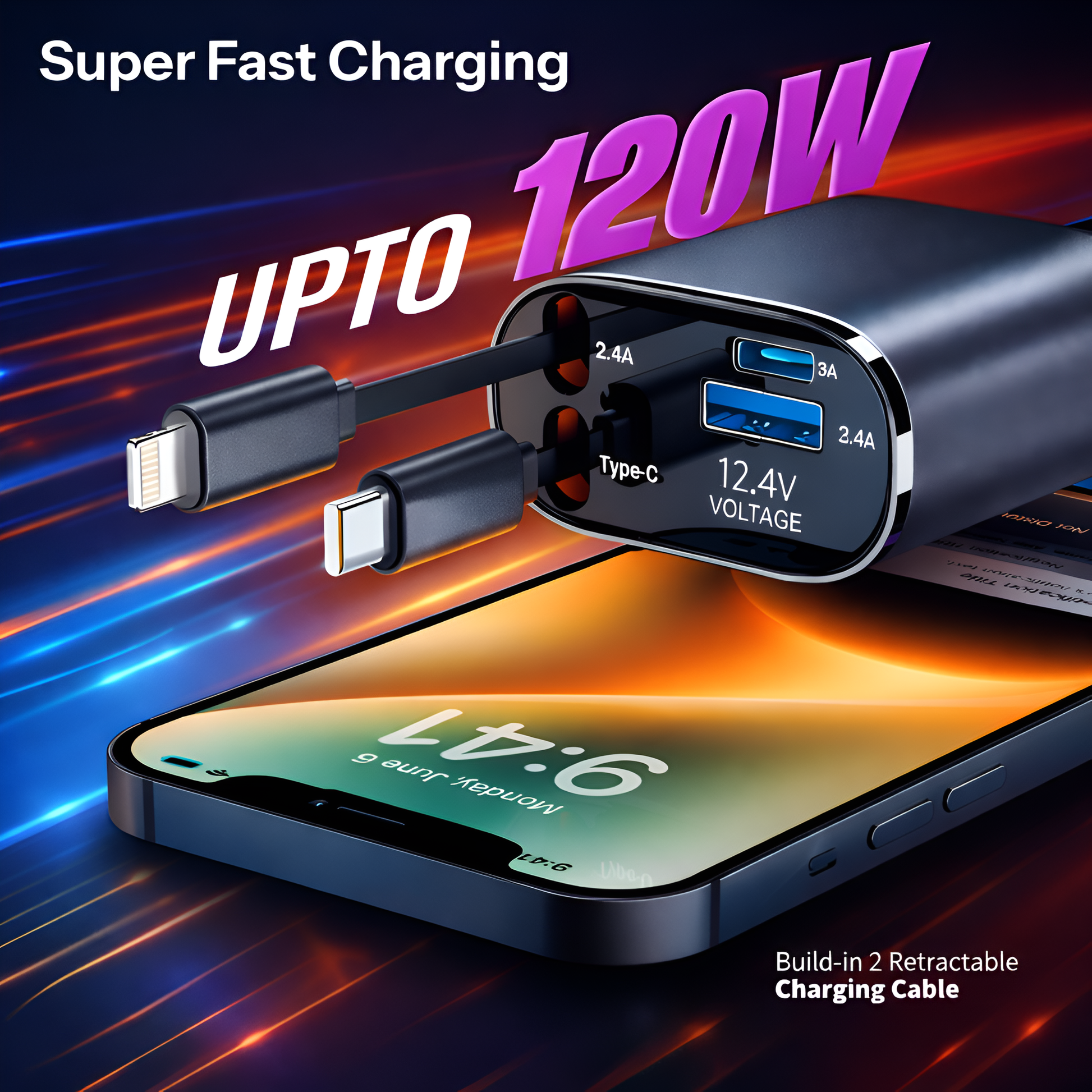 Upix 4-in-1 Retractable Car Charger 120W Super Fast Charging, Dual Ports Car Adapter with Type-C and Lightning Cable