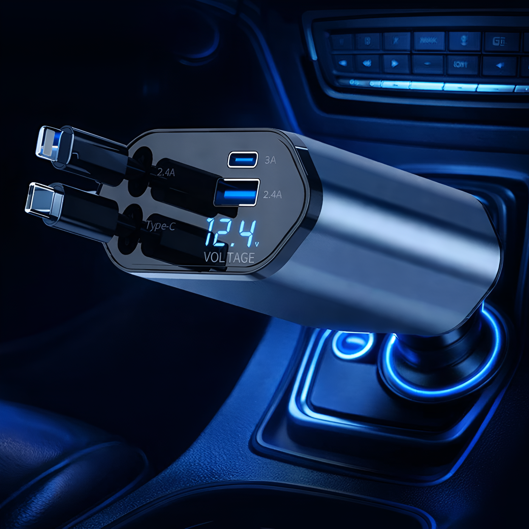 Upix 4-in-1 Retractable Car Charger 120W Super Fast Charging, Dual Ports Car Adapter with Type-C and Lightning Cable