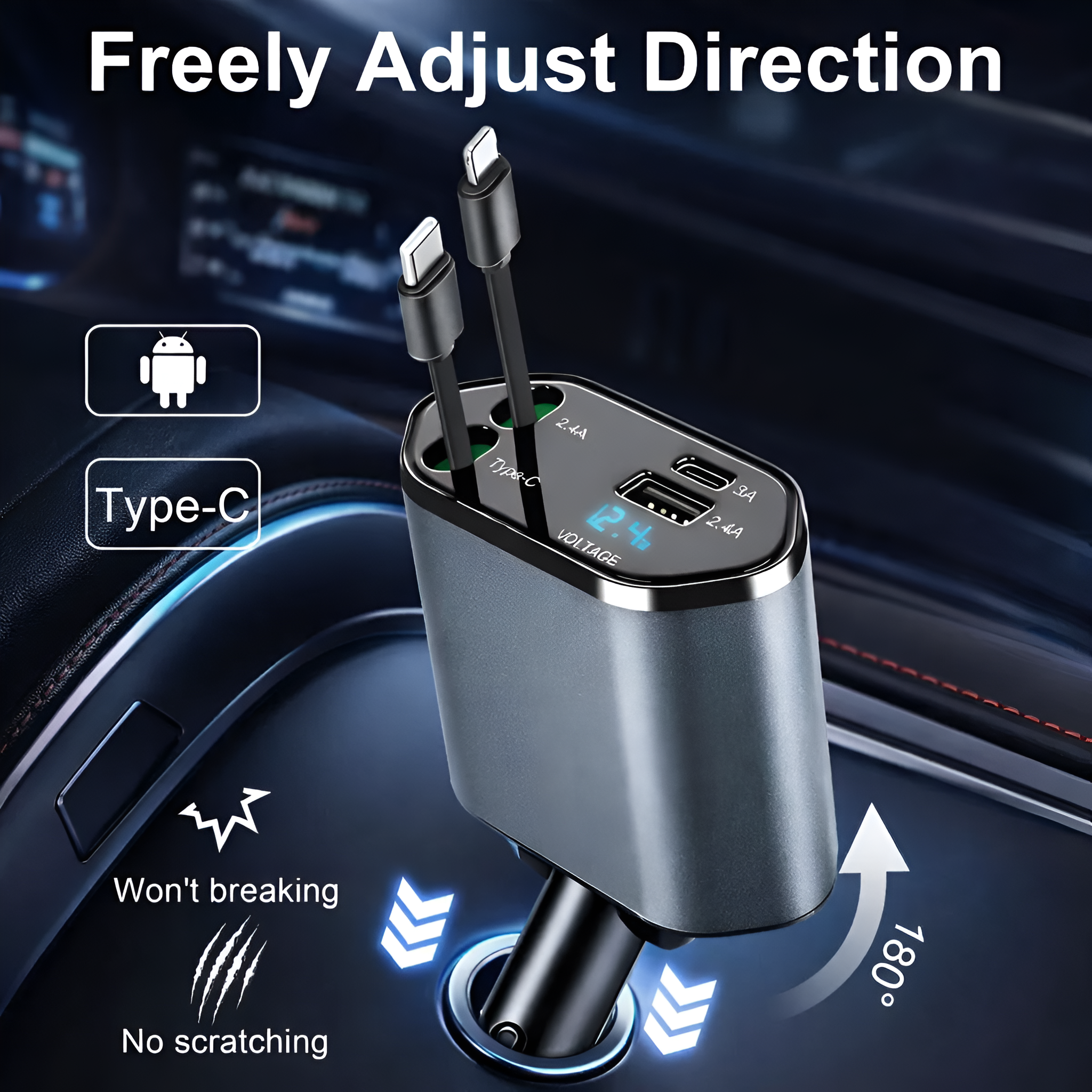Upix 4-in-1 Retractable Car Charger 120W Super Fast Charging, Dual Ports Car Adapter with Type-C and Lightning Cable
