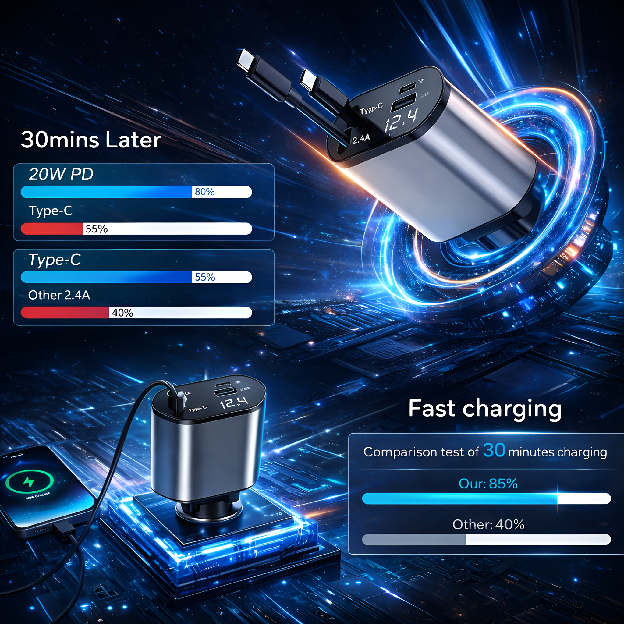 Upix 4-in-1 Retractable Car Charger 120W Super Fast Charging, Dual Ports Car Adapter with Type-C and Lightning Cable