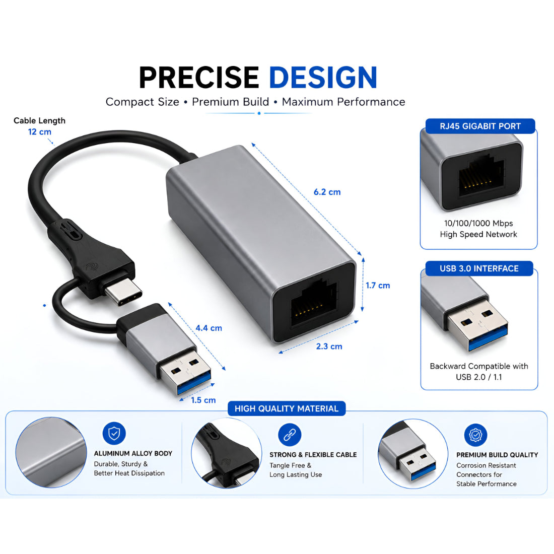 Upix USB 3.0 + Type-C to RJ45 Gigabit Ethernet Adapter | 1000 Mbps Super Speed LAN Network Converter
