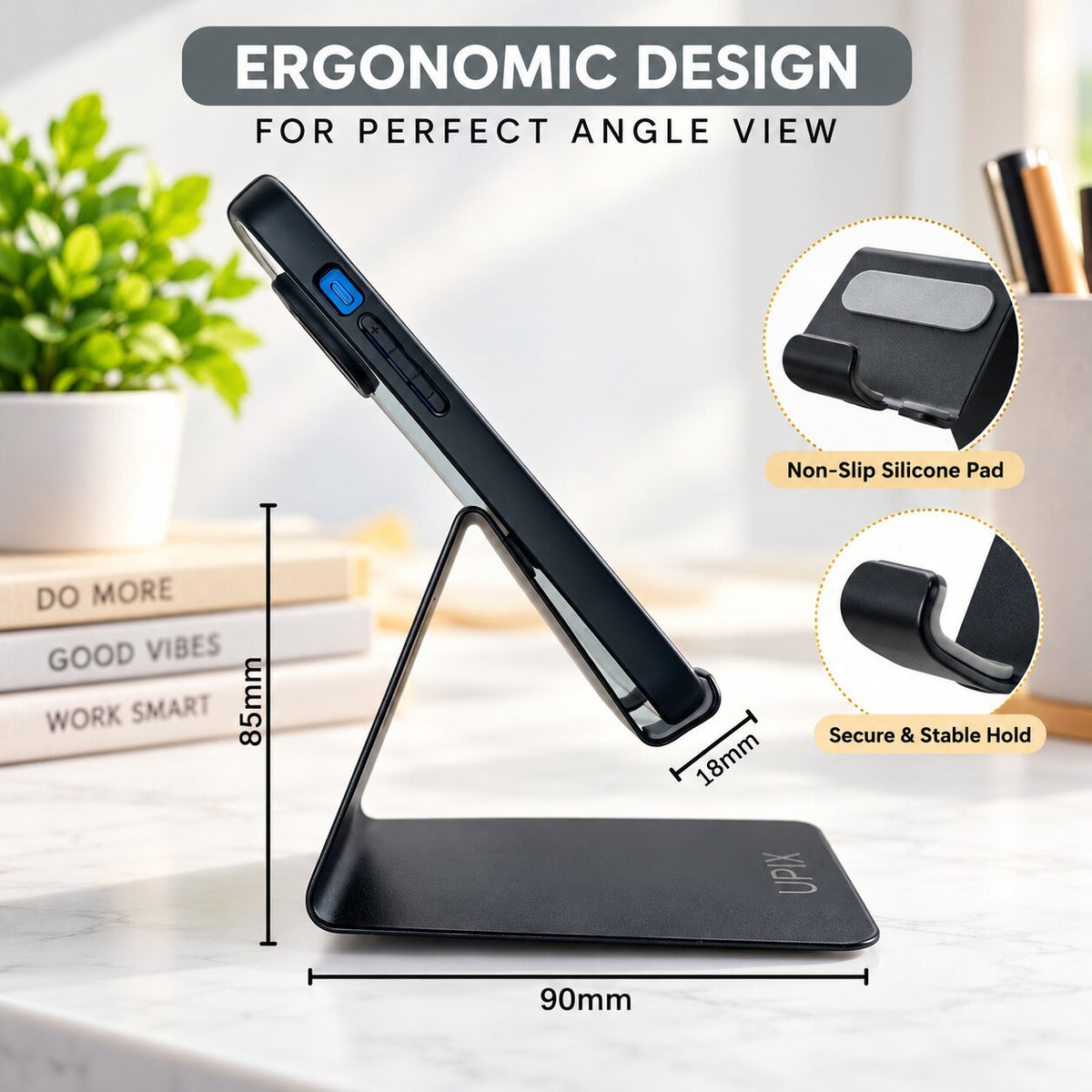 Upix Universal Mobile Holder Stand, Tabletop with Metal Body (Black)