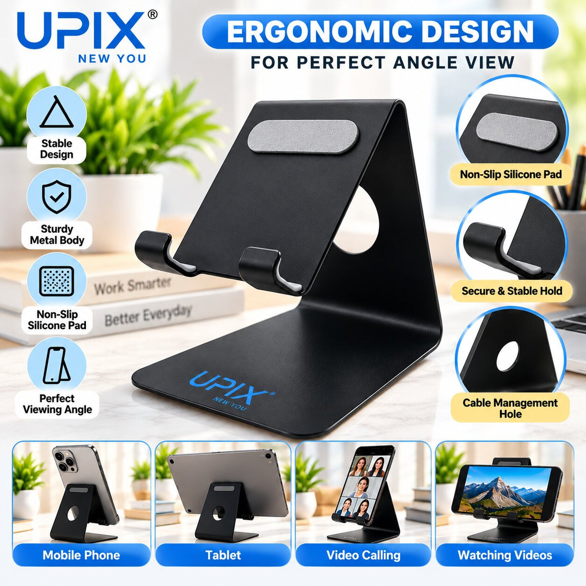 Upix Universal Mobile Holder Stand, Tabletop with Metal Body (Black)