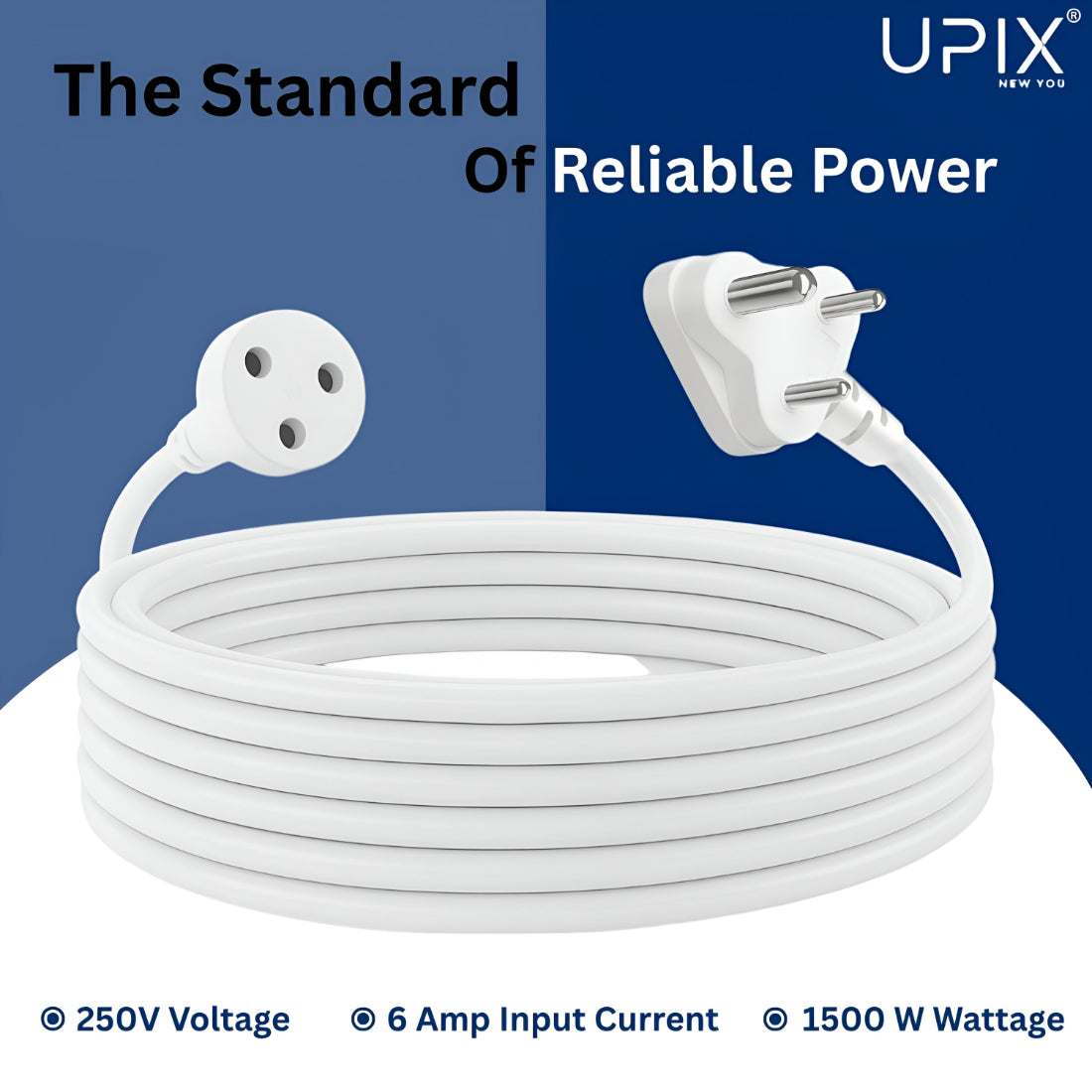 Upix 3 Pin Electric Extension Cord – Expandable 6A Power Cord - 2.5 Metres, Suitable for Home, Office and Outdoor